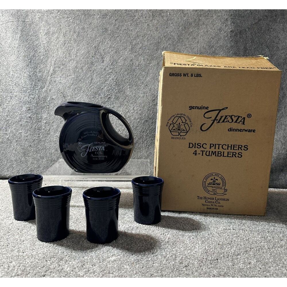Fiesta Fiestaware 60th Anniversary Cobalt Disc Pitcher 4 Tumblers with‎ Box
